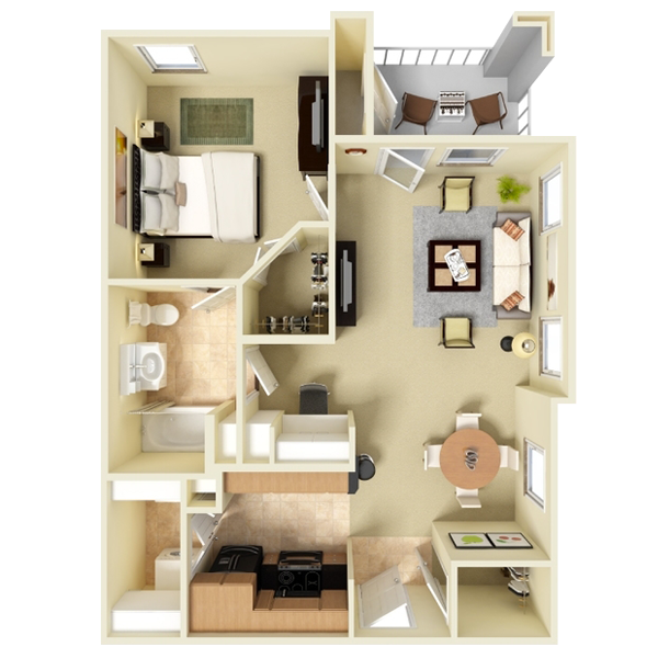 A 3D floor plan of a small apartment with a bedroom, bathroom, living room, dining area, kitchen, and a balcony.