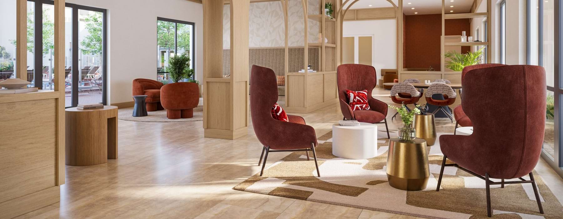 Lounge with modern decor and ample seating at Montessa Heights, apartments for rent in Murrieta.