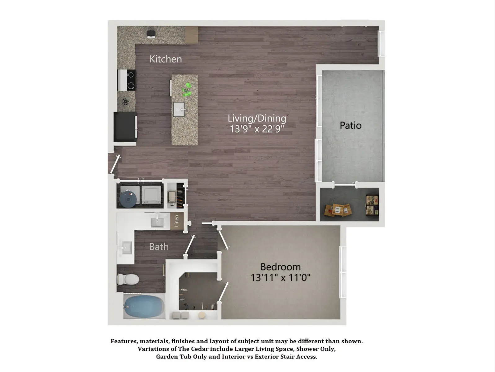 A floor plan diagram showing a one-bedroom apartment layout. It features a kitchen, living/dining area, patio, bath, and a bedroom with associated measurements for each space.