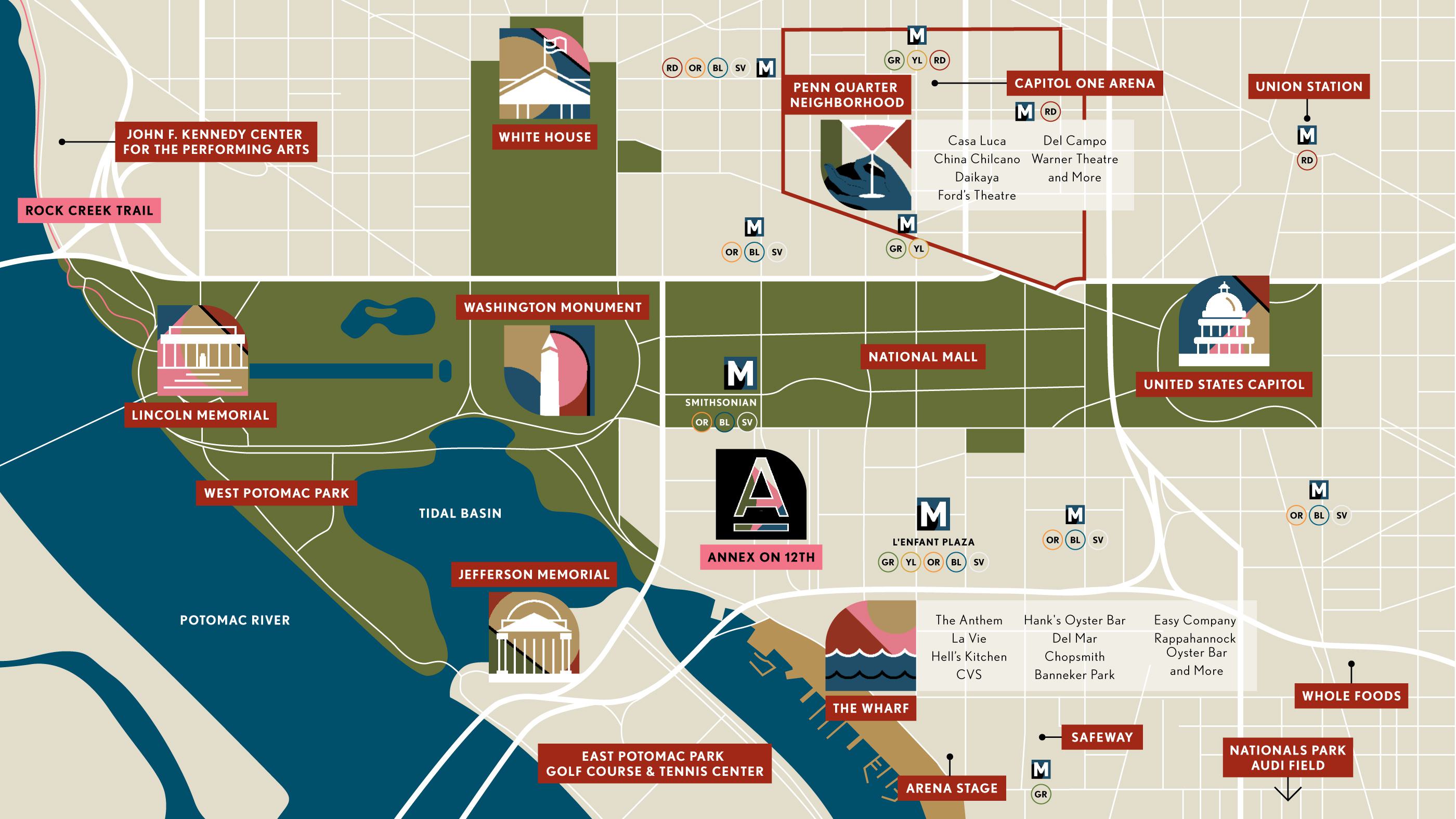 Illustrated map of neighborhood near Annex on 12th in Washington DC.