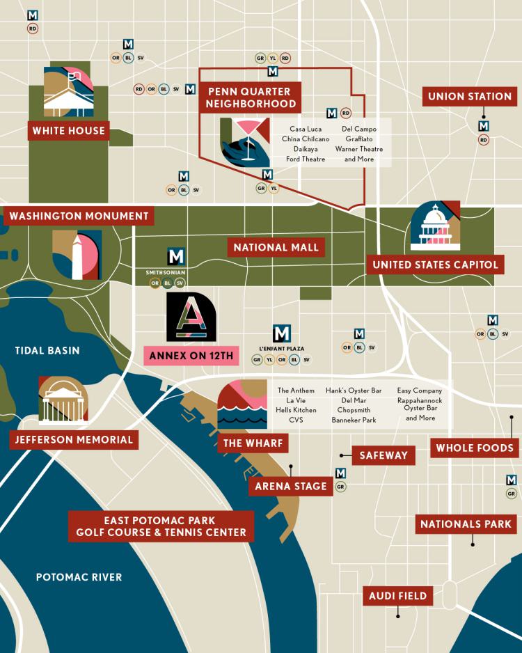 Illustrated map of neighborhood near Annex on 12th in Washington DC.