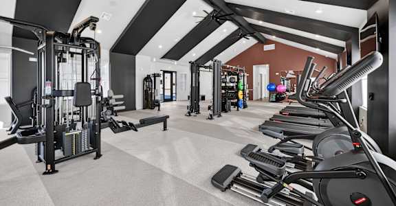 A gym with a variety of equipment including treadmills, weights, and a bench press.