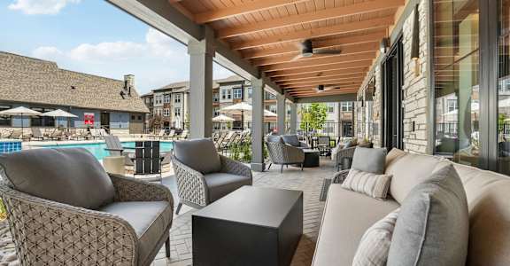 A patio with a pool and furniture.