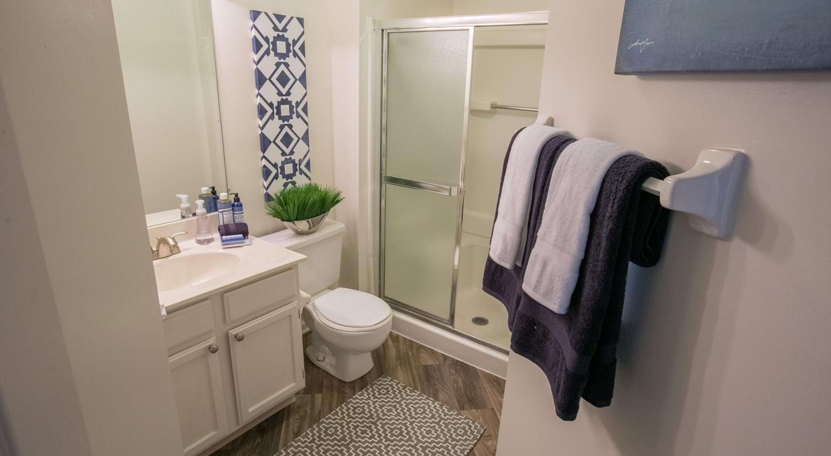 a bathroom with a sink toilet and a shower