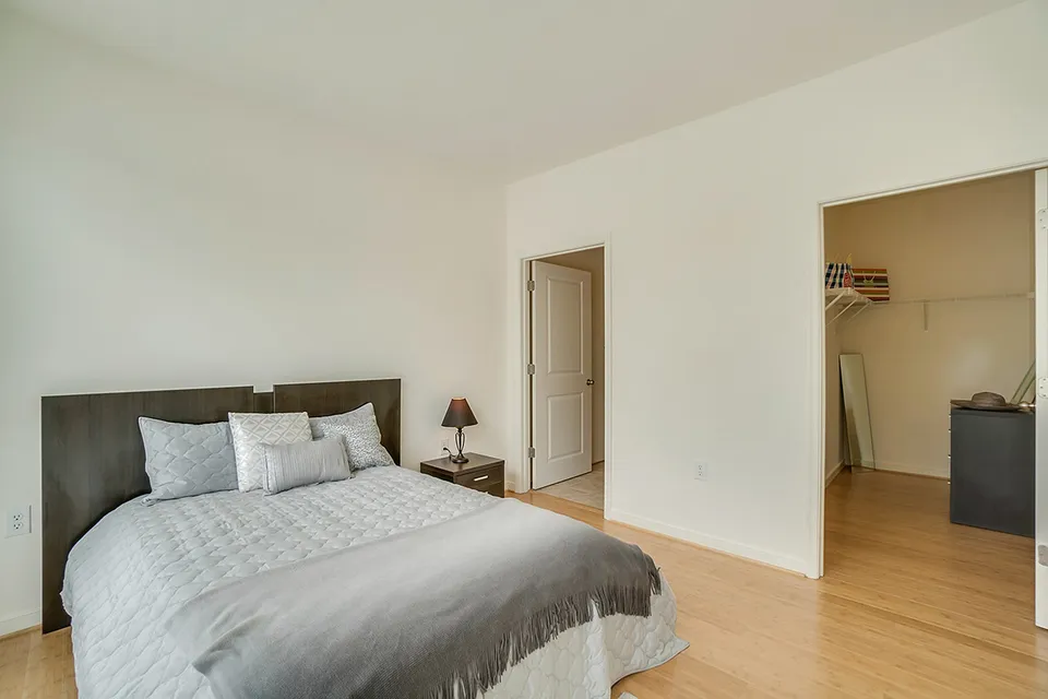 Bright and spacious bedroom with a modern bed, side table, and walk-in closet.