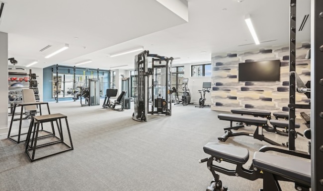 A gym with a variety of equipment including weights, benches, and a television.