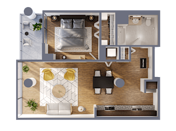 A top-down view of a living room with a dining area and kitchen.