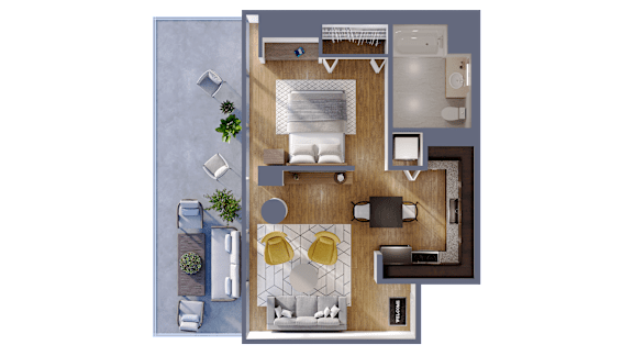 A top-down view of a living room, kitchen, and dining area.