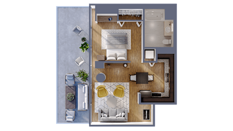 A top-down view of a living room, kitchen, and dining area.