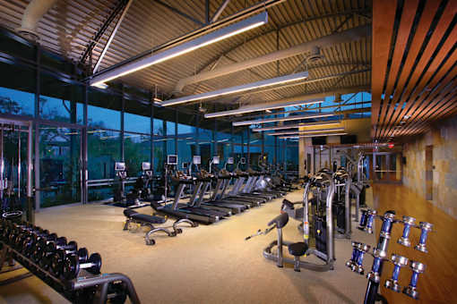 A gym with a variety of equipment including treadmills, weights, and exercise machines.