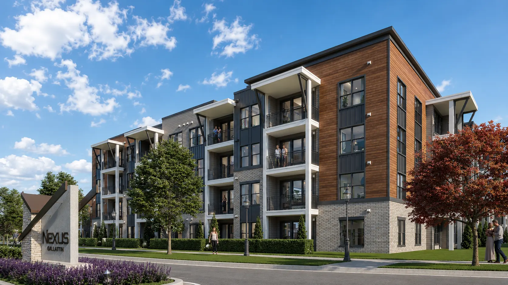 modern apartment complex with lush landscaping 1