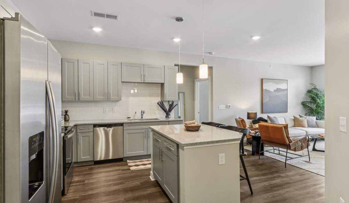 Modern kitchen with stainless-steel appliances at Founders Pointe Apartments in Franklin, Indiana