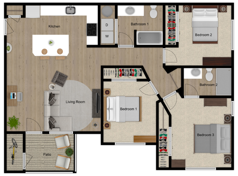 3 Bedrooms 2 Baths<br>1,220 Square Feet