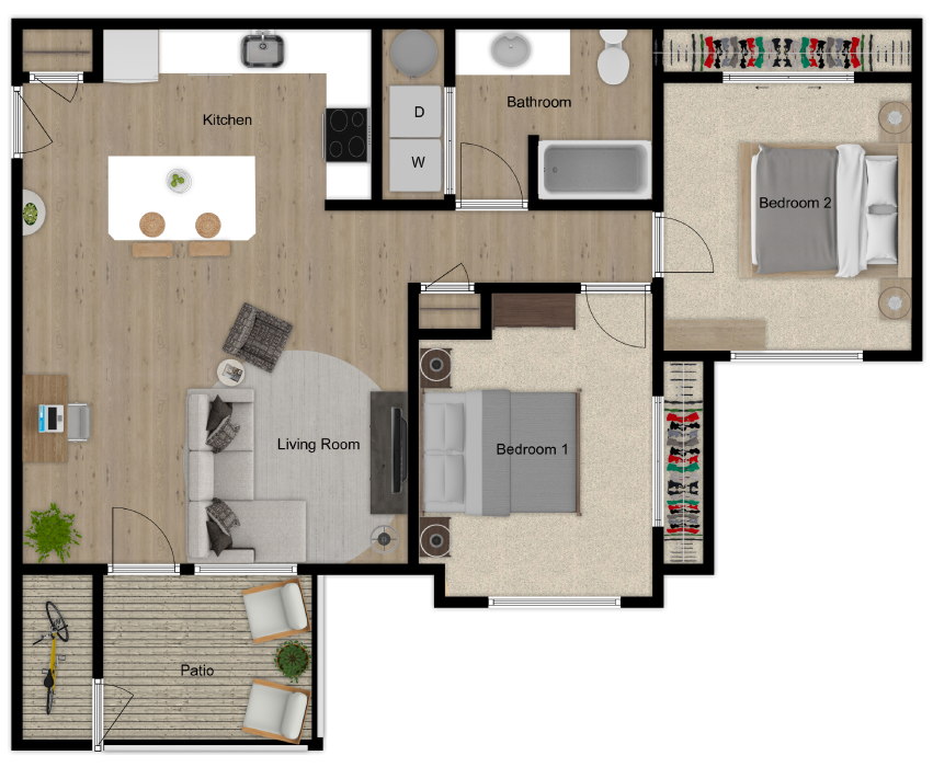 2 Bedrooms 1 Bath<br>951 Square Feet