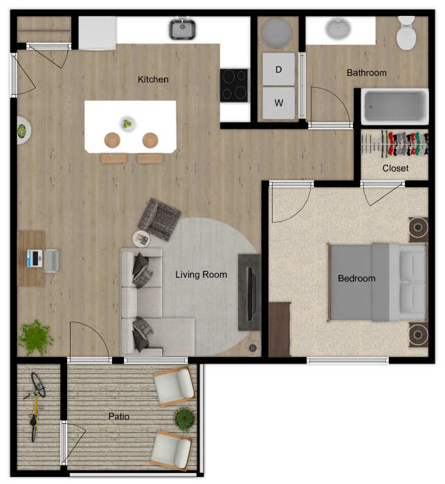 1 Bedroom 1 Bath<br>750 Square Feet