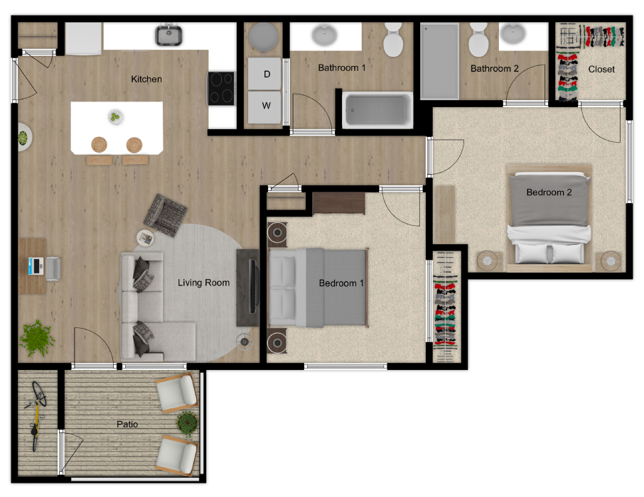 2 Bedrooms 2 Baths<br>1,025 Square Feet