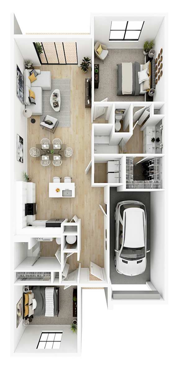 a floor plan of a house with a car in the garage