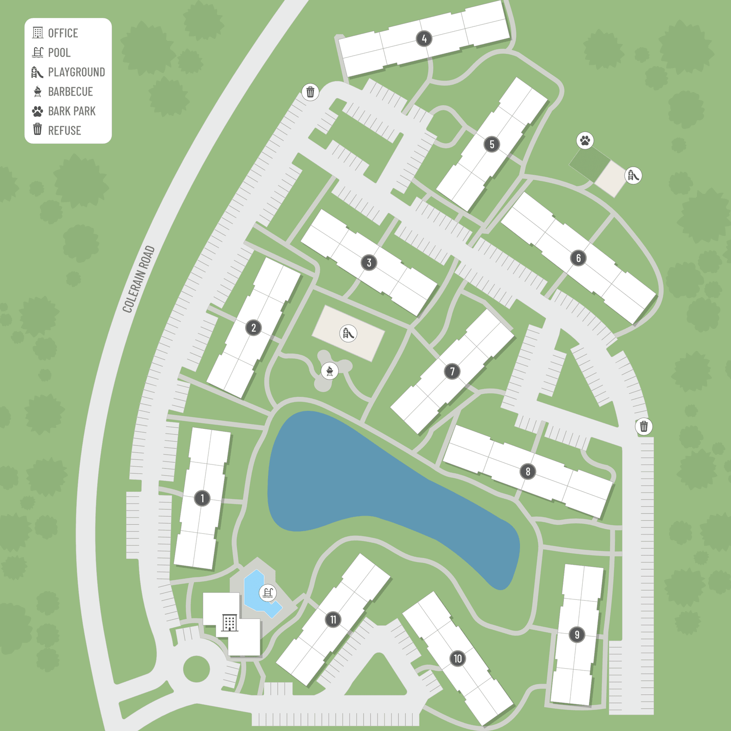 A site map marked by red dots showing unit locations, if available.