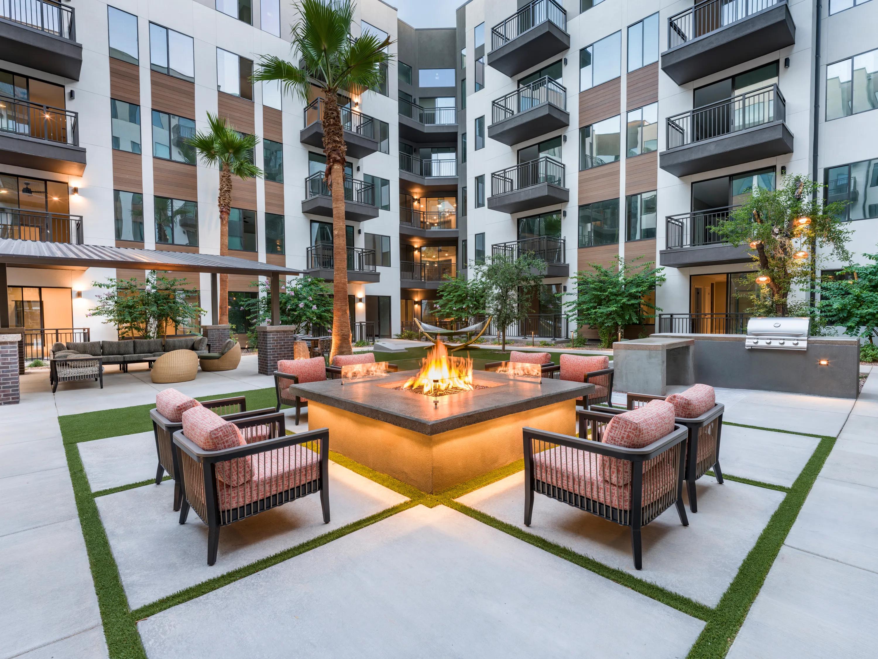 exterior loung area with fire pits modera scottsdale apartments in scottsdale az