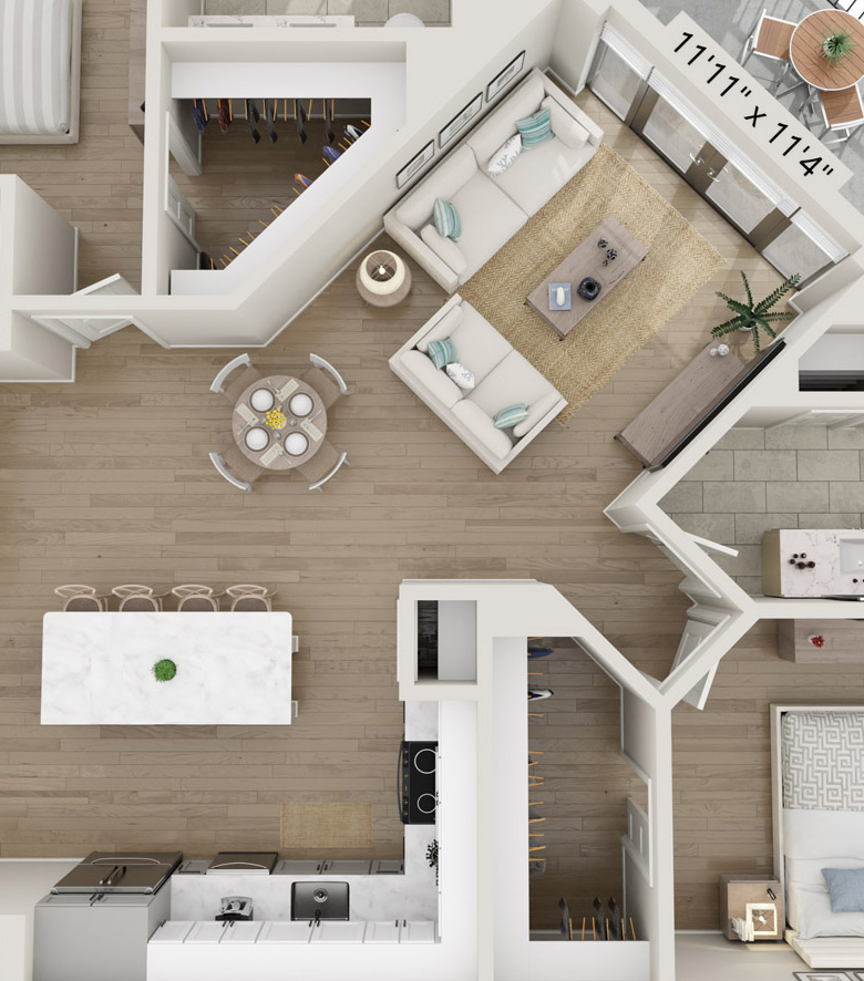 Close up floorplan view of kitchen and dining room at Fiori apartments for rent in Naples, Florida.