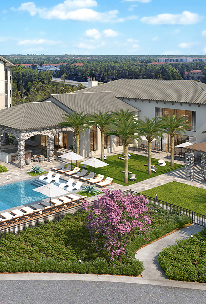 Aerial view of the pool area and the resident outdoor lounge at Fiori's apartments in Naples, FL.