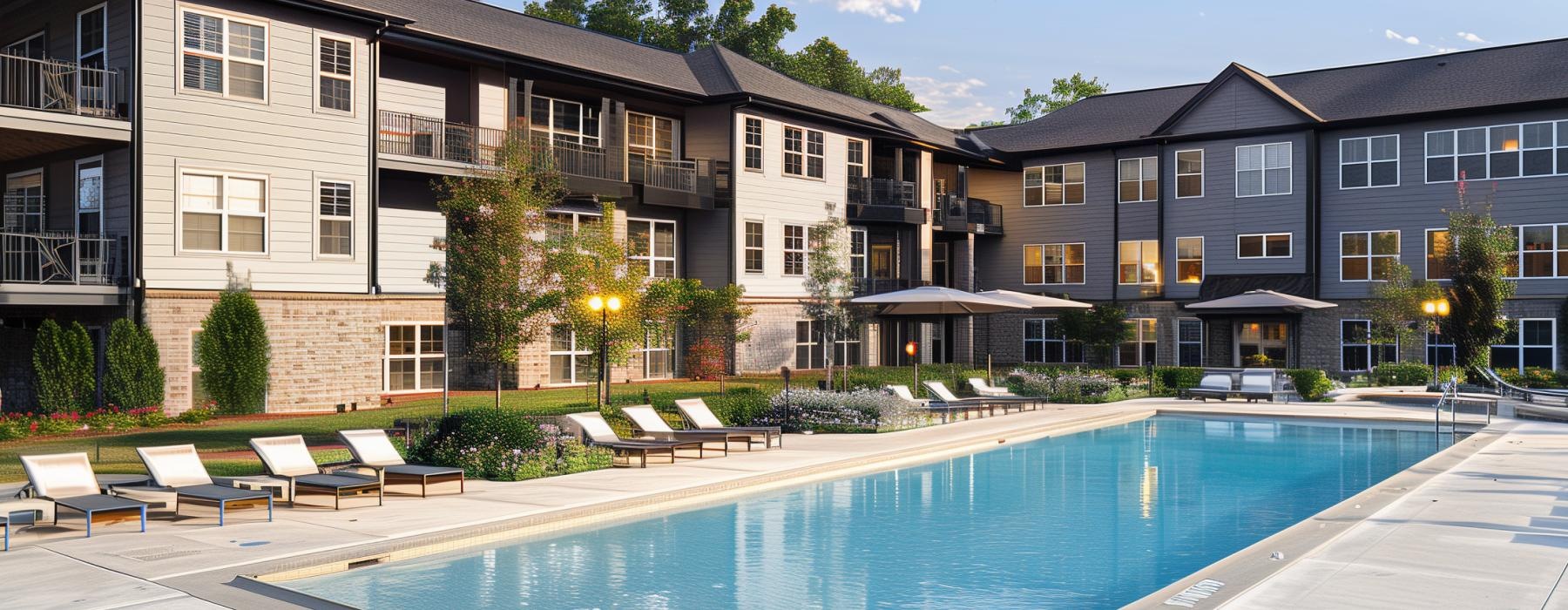 Resort-style pool with lounge seating at Madison Trails apartments in Lawrenceville GA near Sugarloaf Parkway.