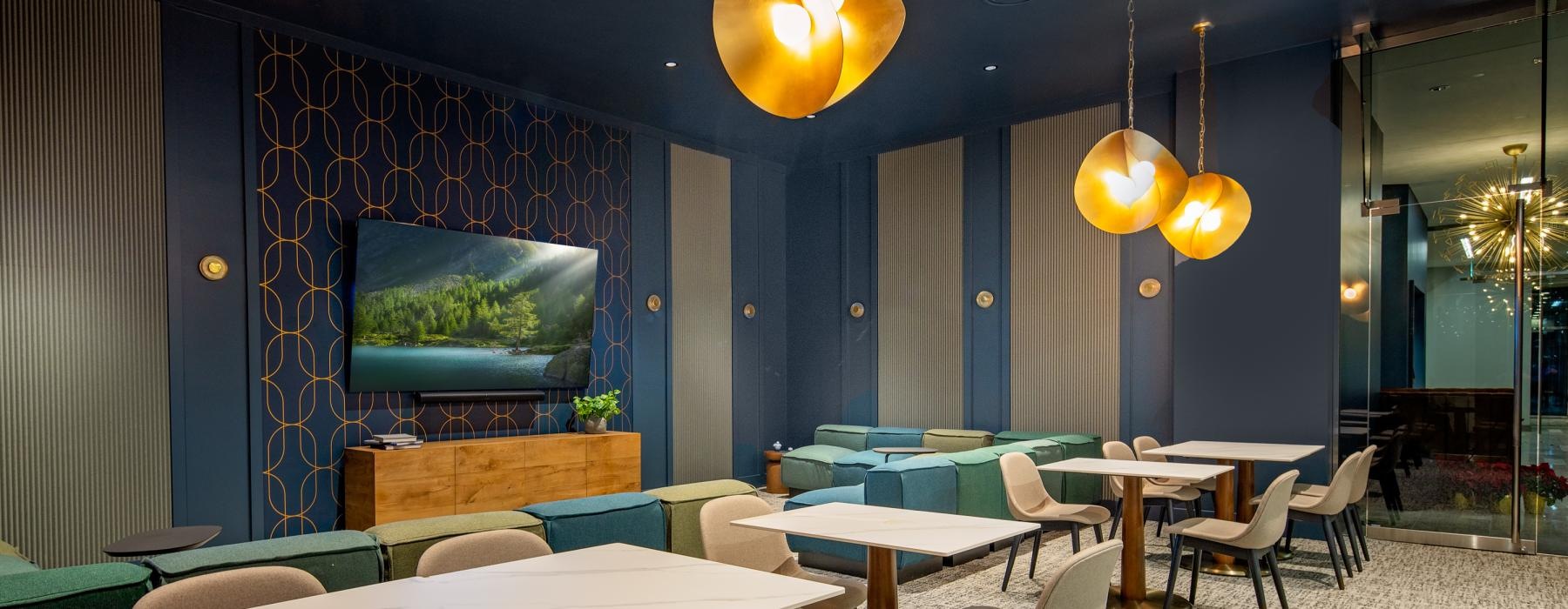 a room with tables and chairs