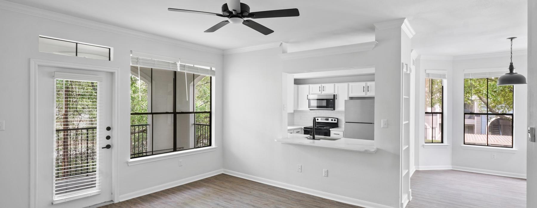 a kitchen with a wood floor