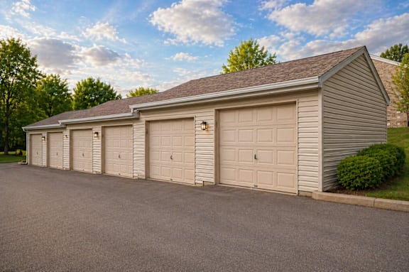A row of garage doors are closed.