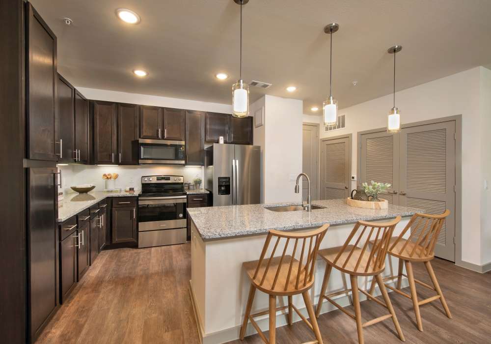 Kitchen with stainless-steel appliances at Orleans at Fannin Station in Houston, Texas