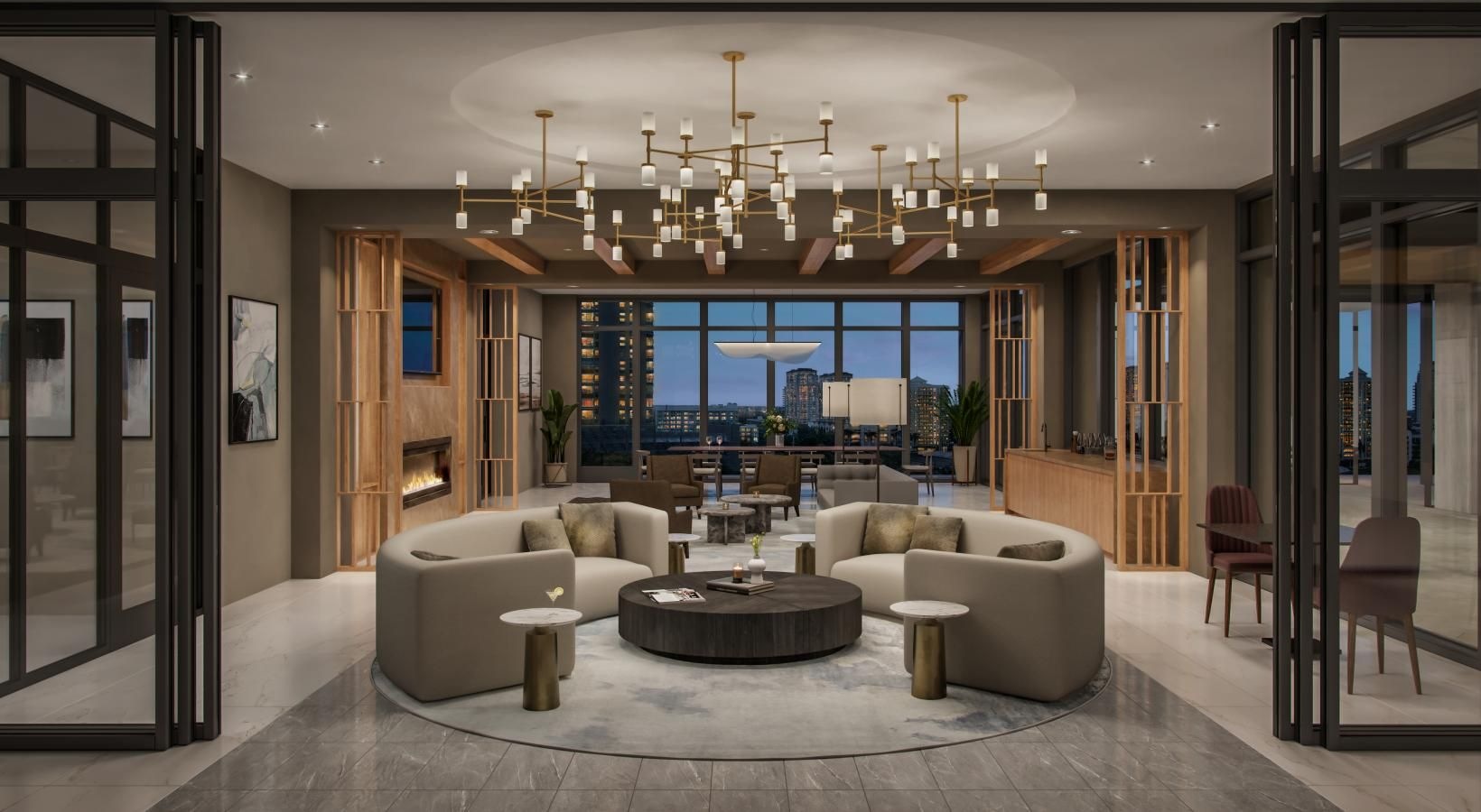 a room with a large glass door and ample lighting