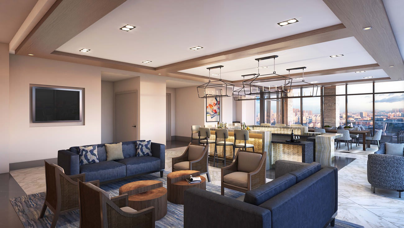 sky lounge with bar and downtown views
