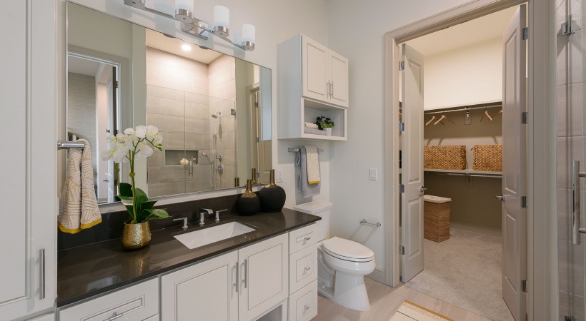 Bathroom with large mirror in front of sink and large walk in closet