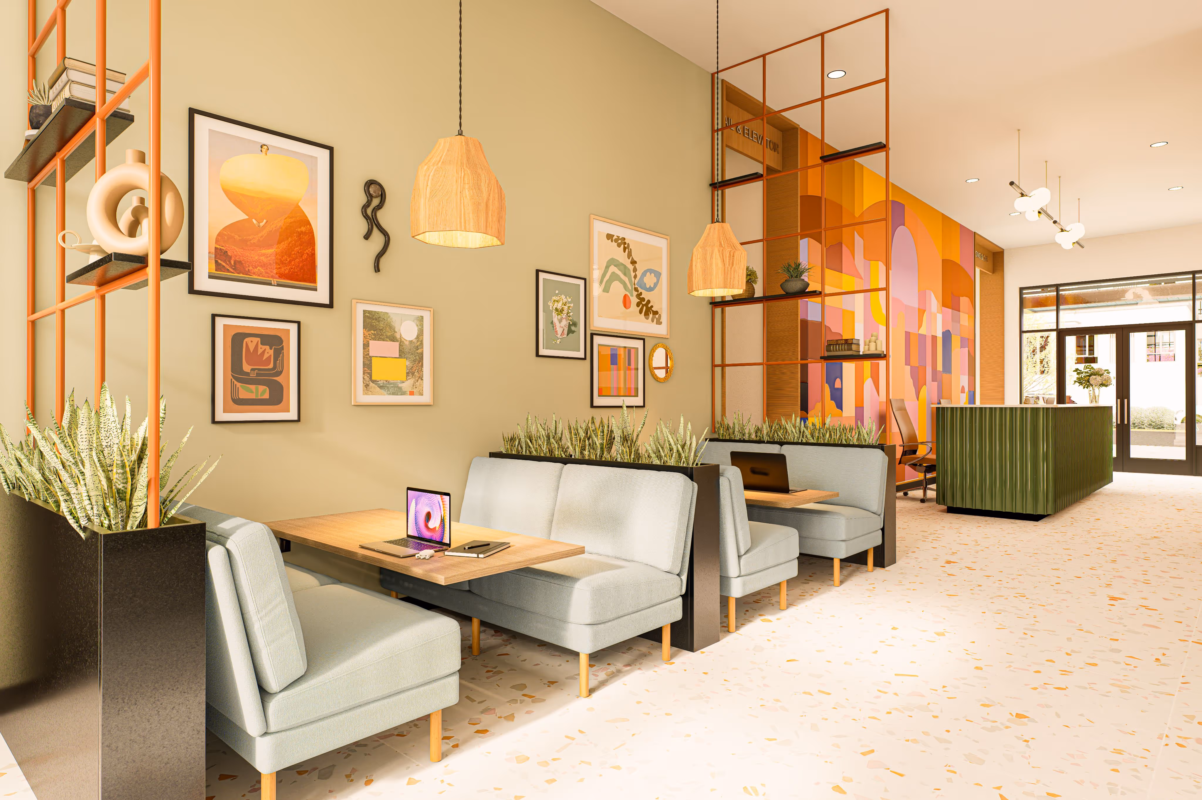 Co-working and study lounge area with built-in booths, tables, artistic wall decor, and ample light at ArtHaus Telegraph in Berkeley, CA.