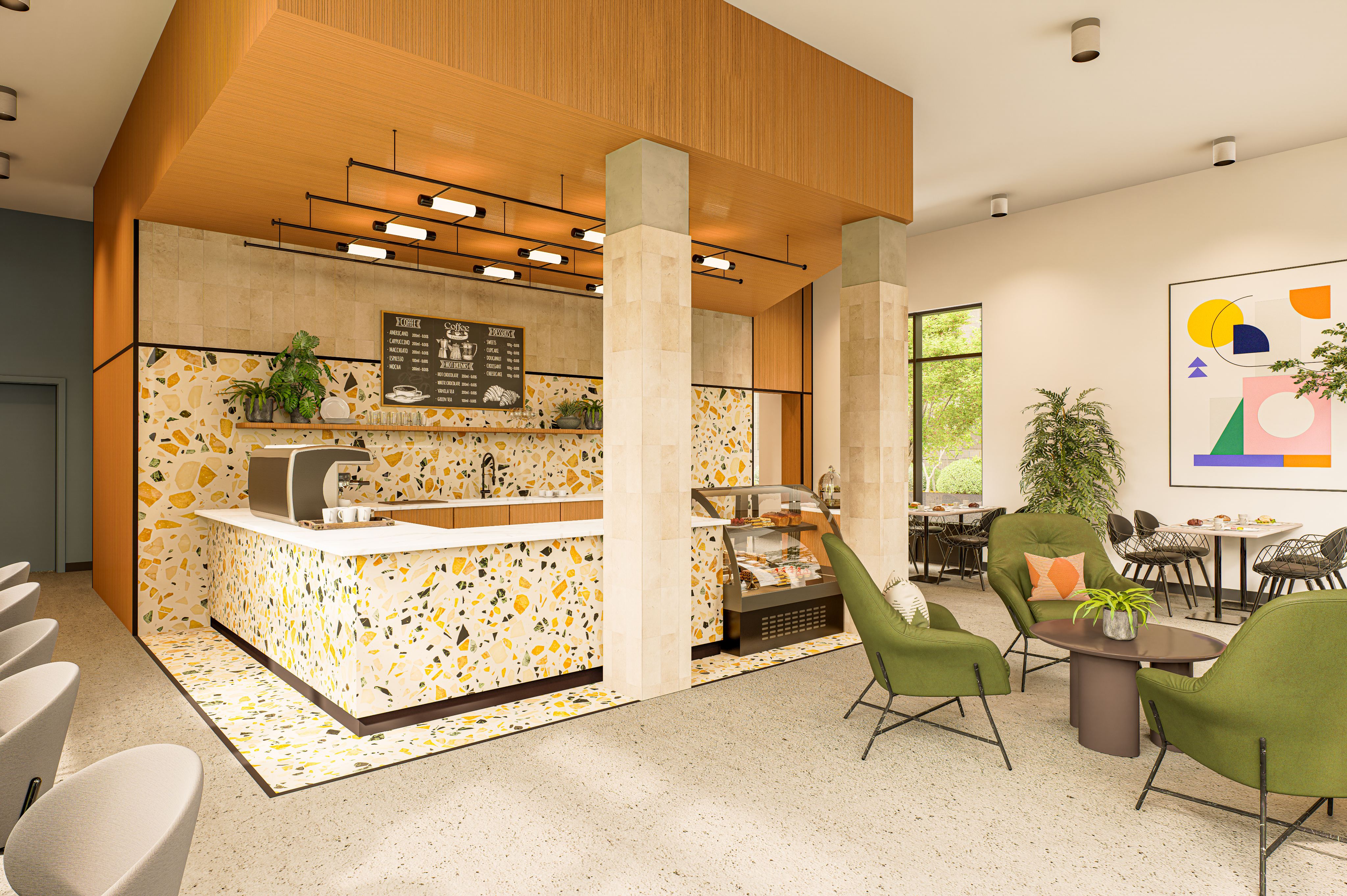 Resident amenity space featuring a stylish, speckled terrazzo coffee bar area with baked goods and green accent seating at ArtHaus Telegraph in Berkeley, CA.