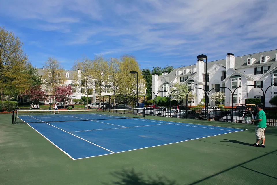 Charming residential community with a well-maintained tennis court surrounded by lush greenery and elegant homes, perfect for outdoor recreation and relaxation.