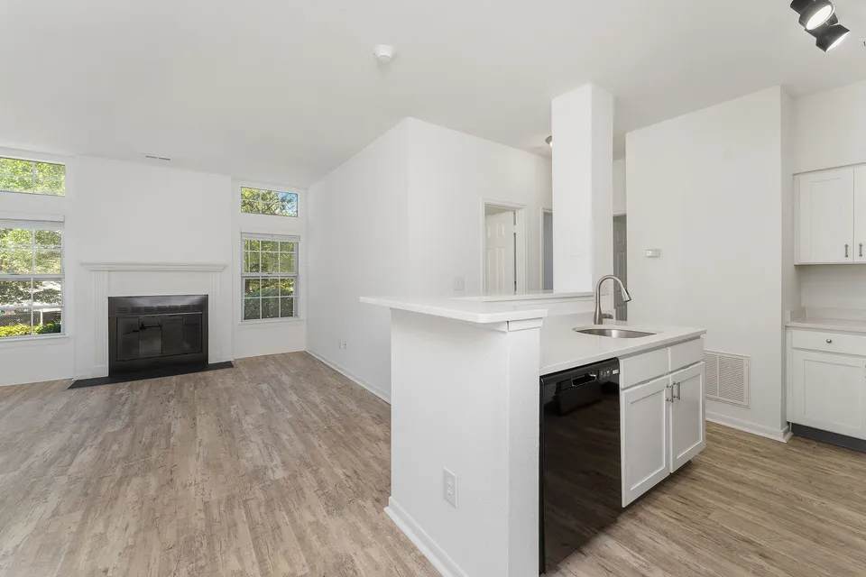 Bright and modern open-plan apartment with stylish hardwood floors, elegant fireplace, and sleek white kitchen island featuring stainless steel sink.
