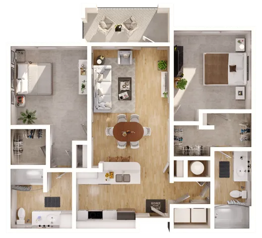 Intuitive 2D floor plan of a modern apartment featuring 2 bedrooms, an open living-dining area, and a contemporary kitchen.