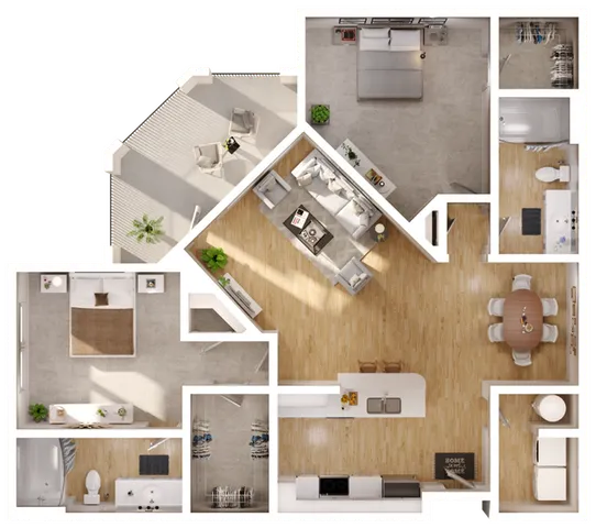 Stylish 3D floor plan featuring two bedrooms, an open-concept living area, and a modern kitchen.