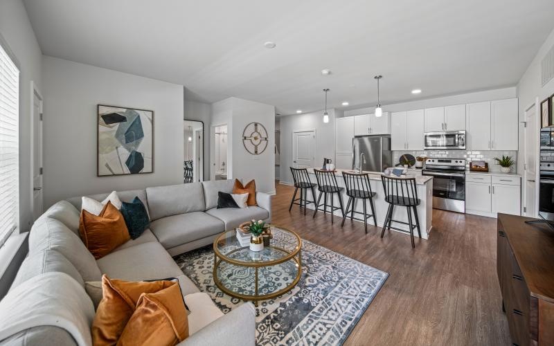 a living room with a couch and a table