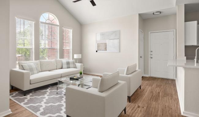 a living room with a large window