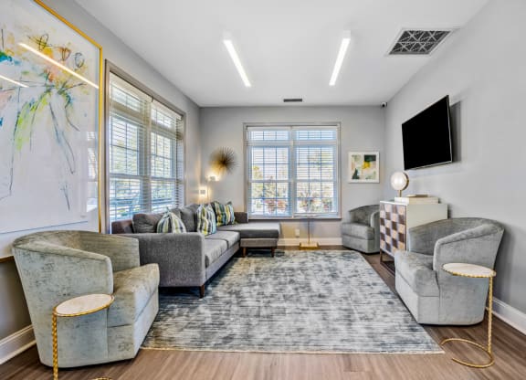 Classic apartment living room with large windows at Reserve at Providence apartments in Charlotte near Matthews, NC