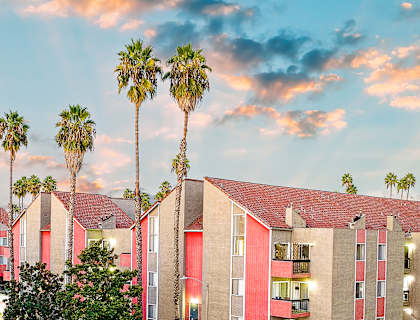 a city street with a row of buildings and palm trees