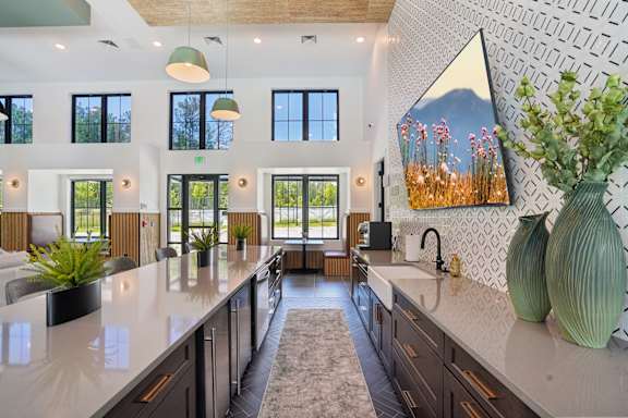 Clubhouse kitchen at The Pullman Luxury Apartments, Atlanta, GA, 30349