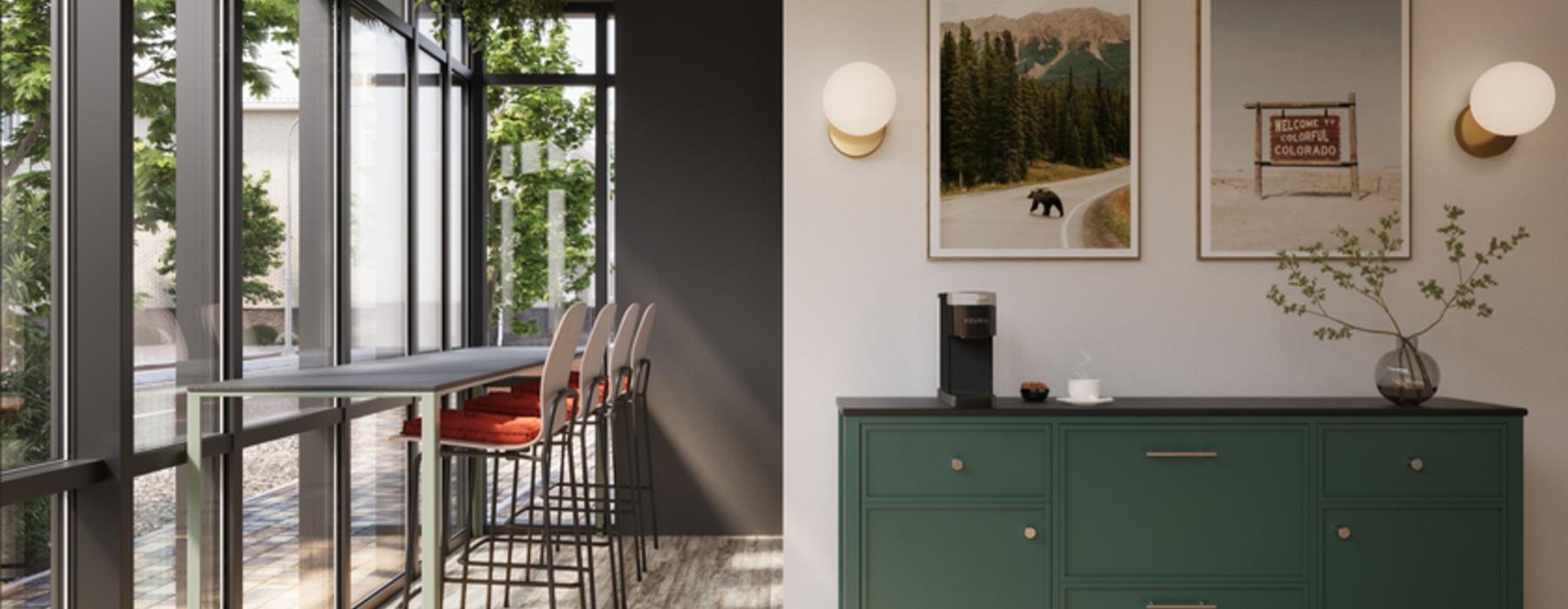a room with a table and chairs