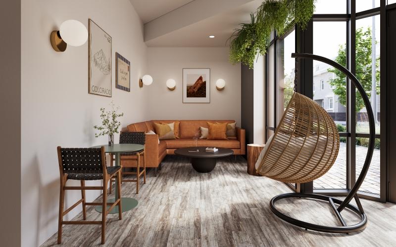 a lounge with a seating plants and windows
