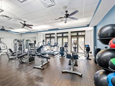 Dog-Friendly Apartments in Orlando, FL - Paseo at Winter Park - Bright Fitness Center With Cardio Machines, Weight Equipment, Large Windows, Ceiling Fans, And Wood Style Floors.
