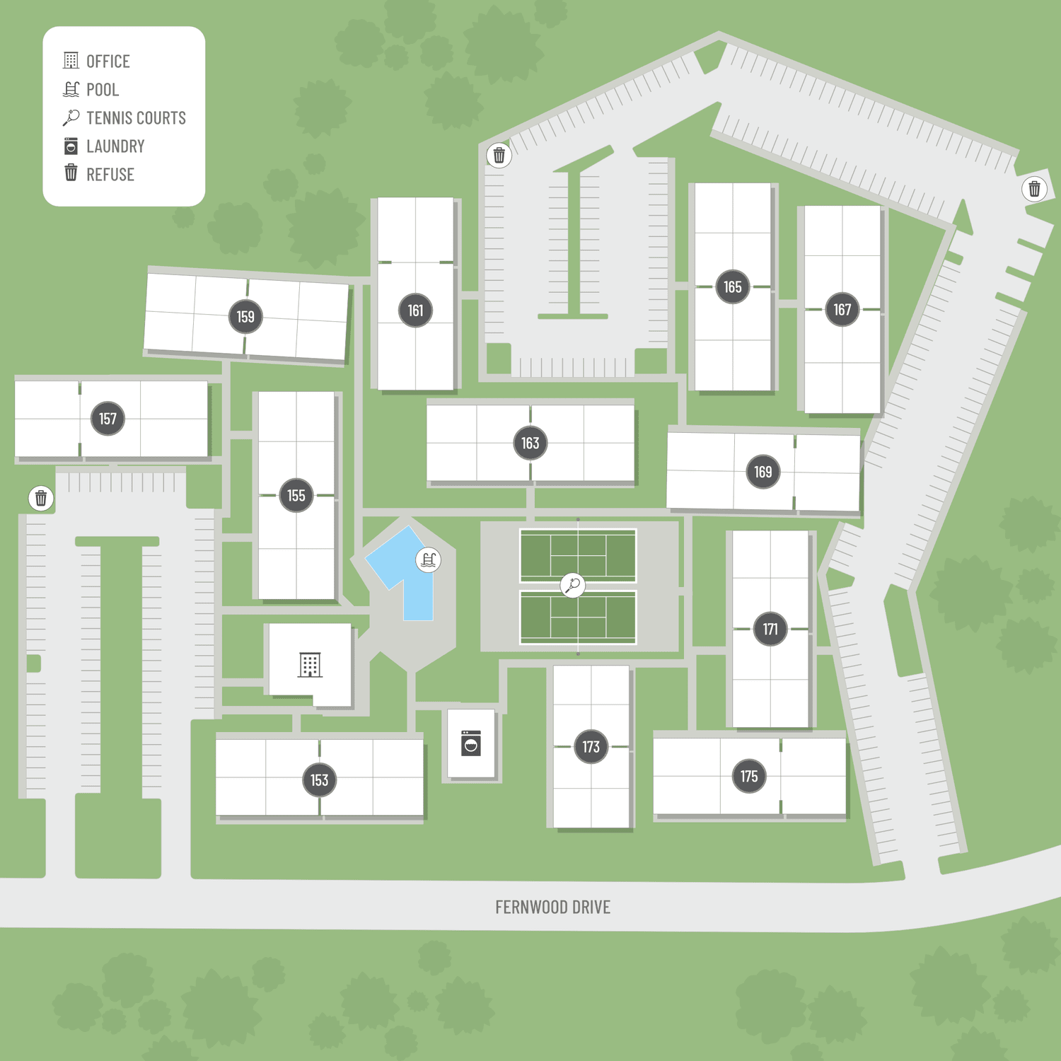 A site map marked by red dots showing unit locations, if available.