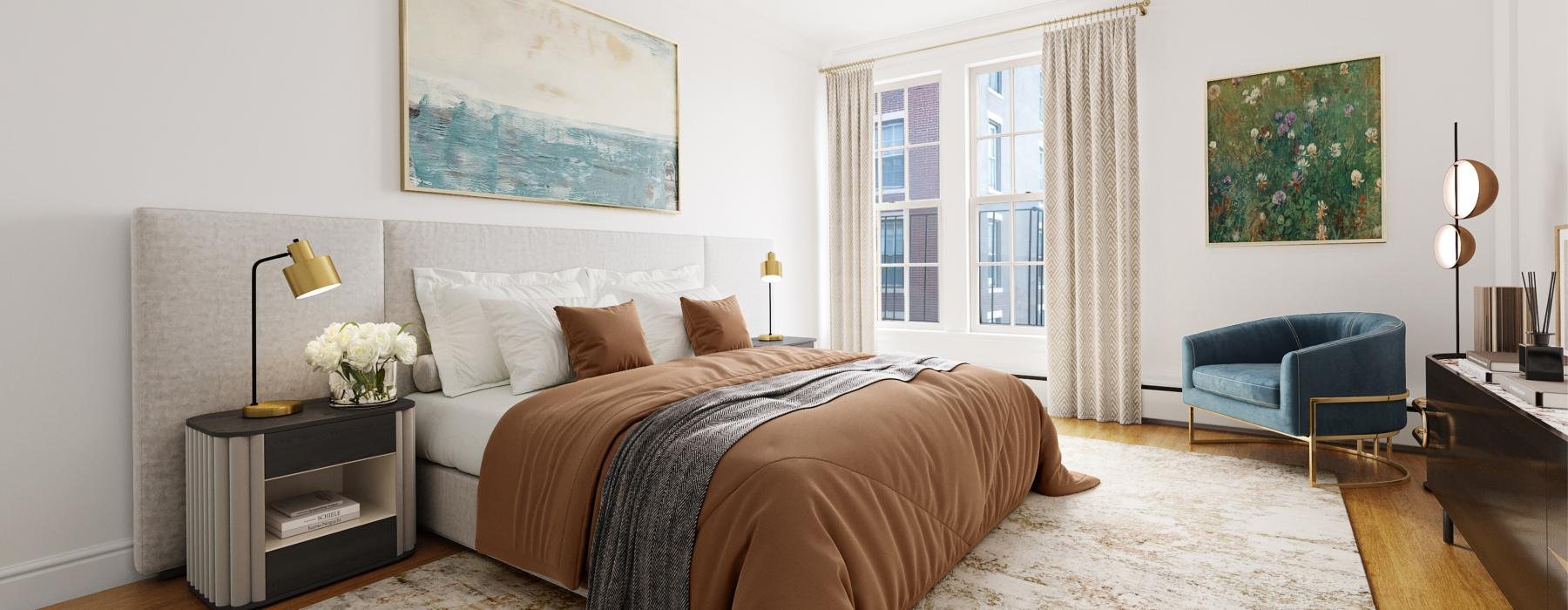 a bedroom with a bed and a desk
