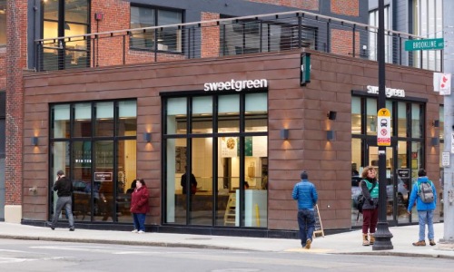 people walking in front of a restaurant